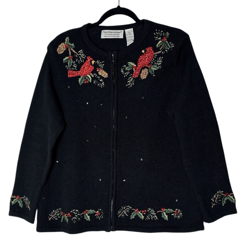 Tiara International Cardigan Sweater Women's XL Christmas Embroidery Cardinals